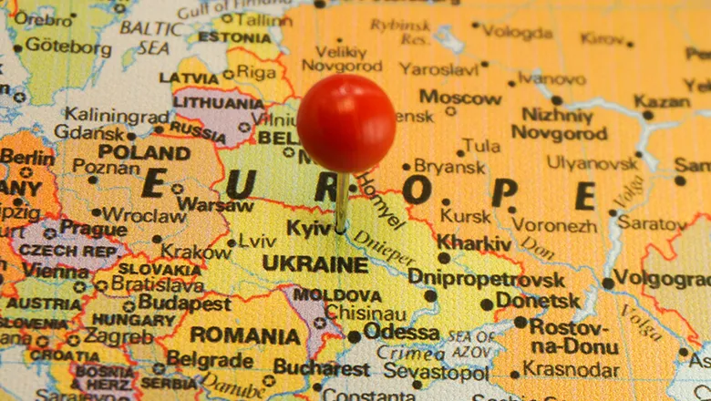 map of Ukraine with a pin in Kyiv