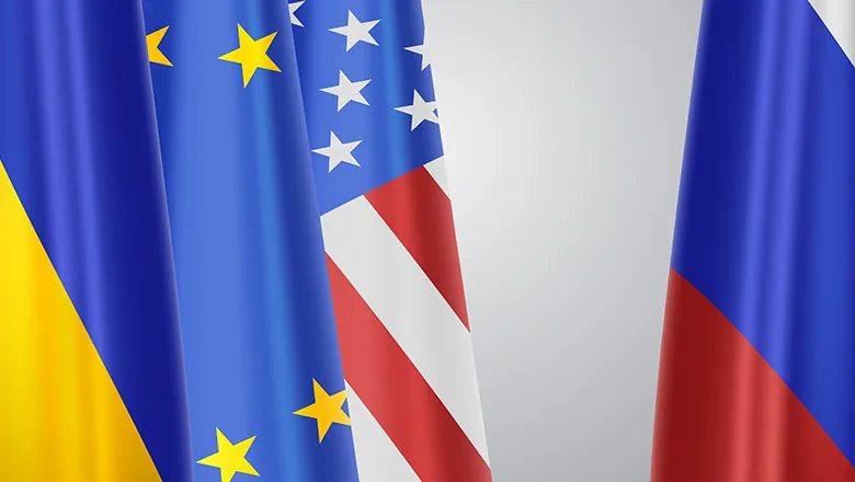 ukraine, eu, US and Russian flags