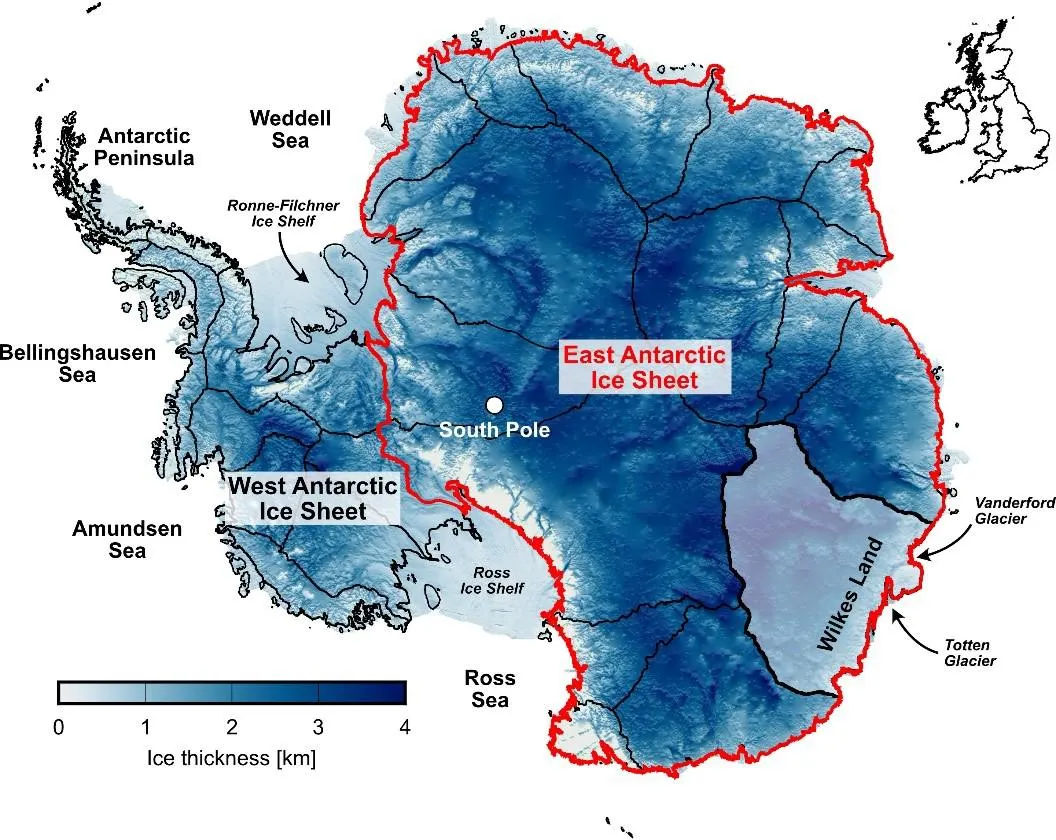 Thickness of ice in Antarctica, showing the location of the East Antarctic Ice Sheet (red outline).