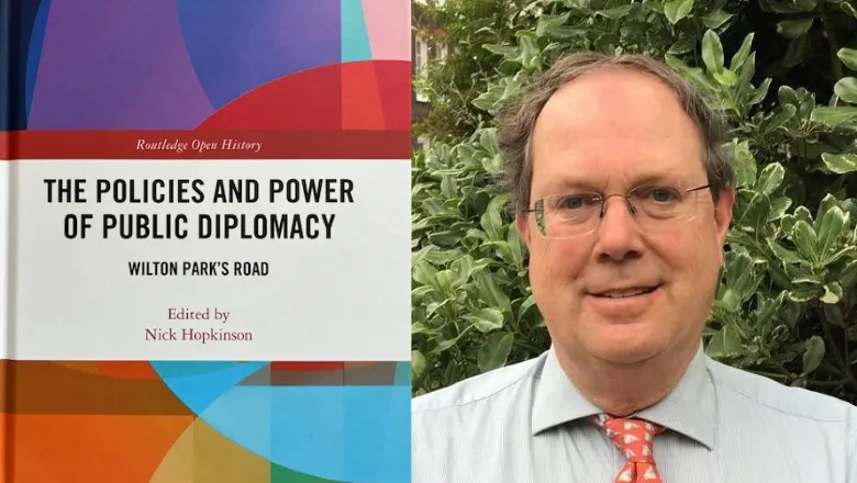 The Policies and Power of Public Diplomacy book cover next to a headshot of Nick Hopkinson