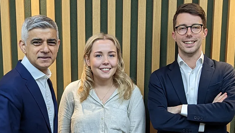 Photo of Mayor of London, Sadiq Khan, King's MA Student Lydia Evans, King's Policy Institute's Dr Jack Brown