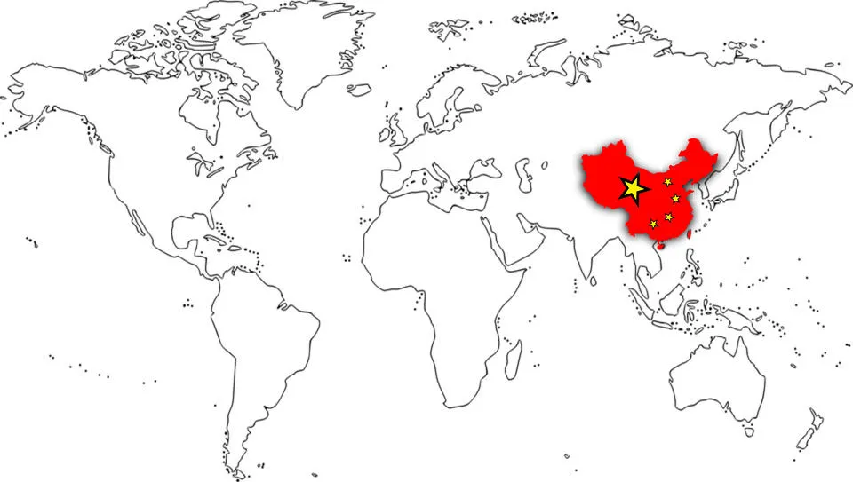 China marked on a world map