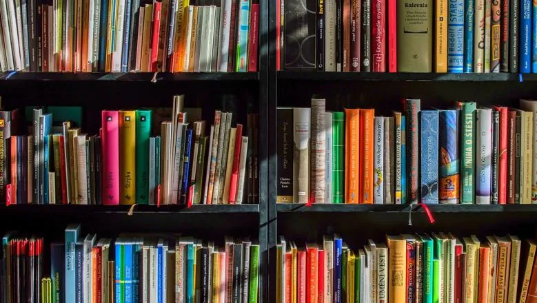 Colourful books on black shelves