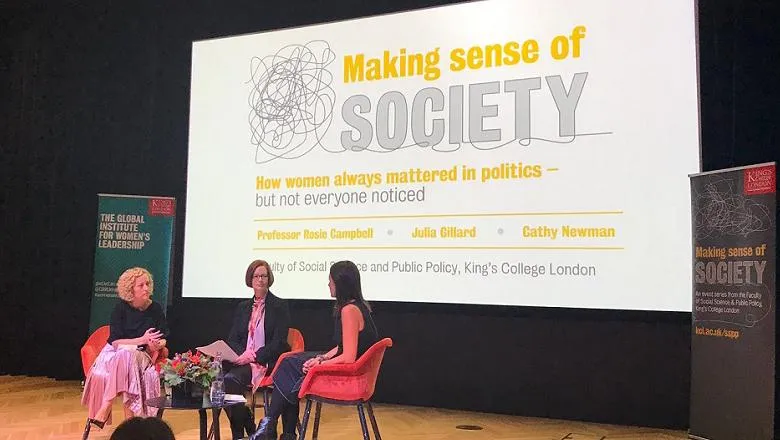 Cathy Newman, Julia Gillard and Professor Rosie Campbell at the Making Sense of Society event on women in politics.
