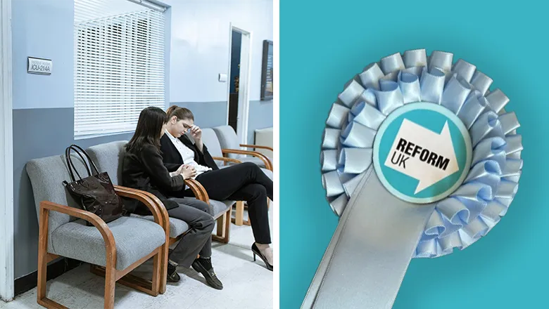 Doctor's waiting room and Reform UK rosette