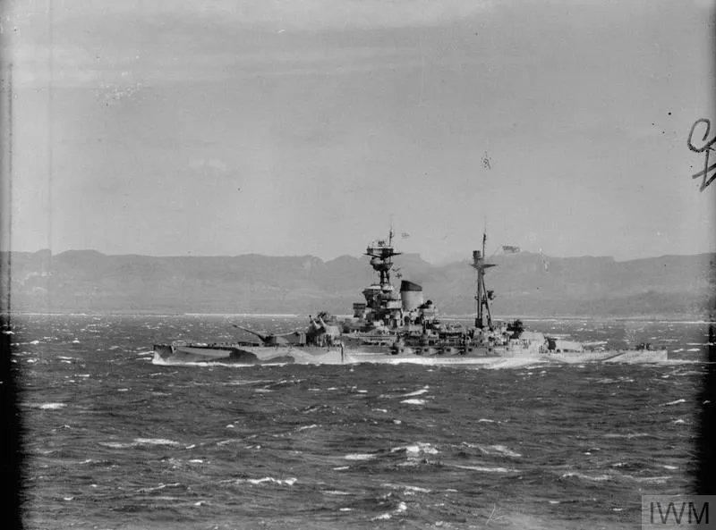 A black and white photo of HMS Ramillies entering French Bay Harbour, Madagascar.