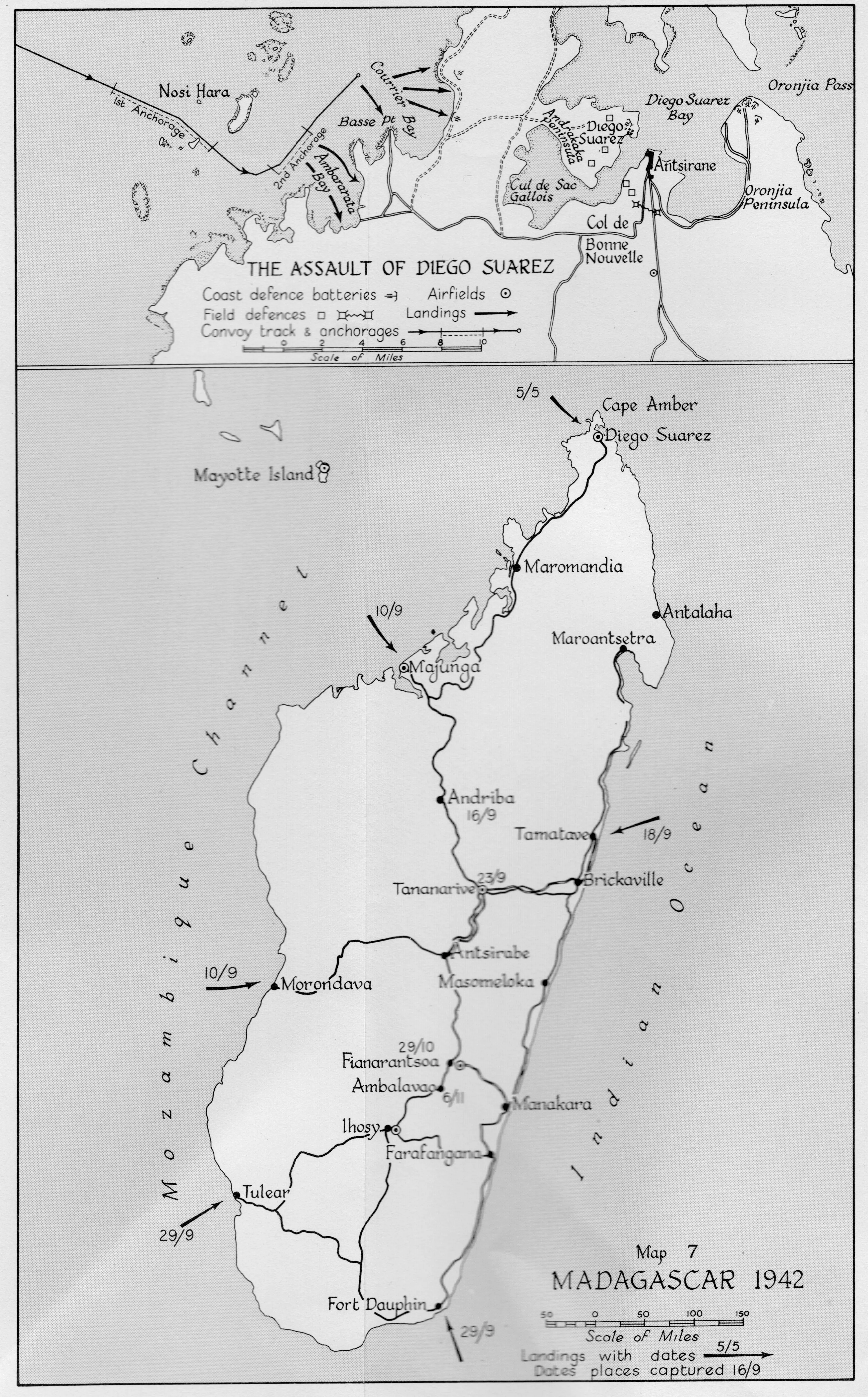 A wartime map of Madagascar showing the assault route