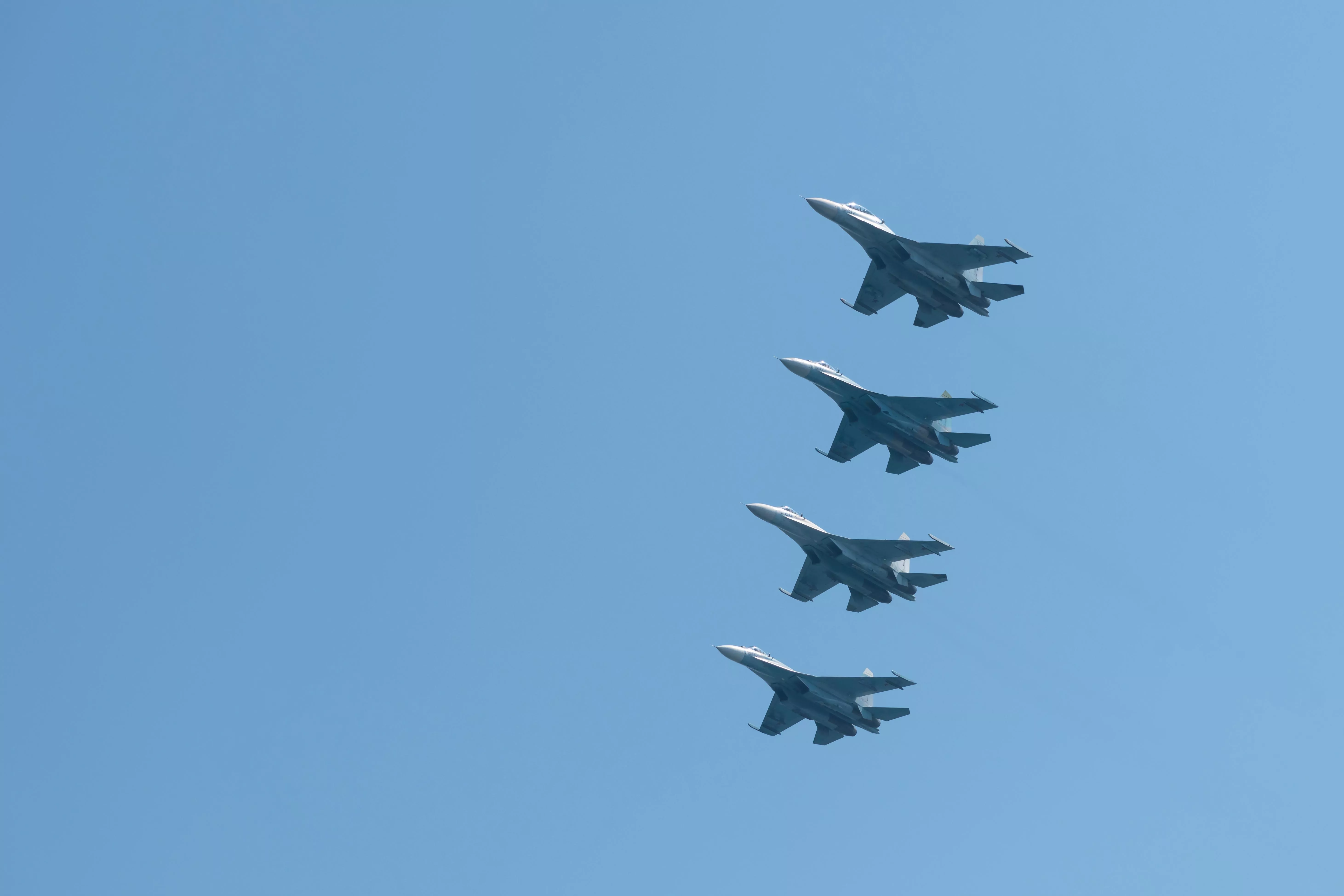 Group of supersonic fighter aircrafts Sukhoi Su-27 (NATO reporting name Flanker) flies in the sky in diagonal formation.