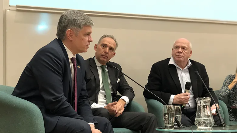 Ukraine's ambassador to the UK Vadym Prystaiko at Putin vs West screening at King's