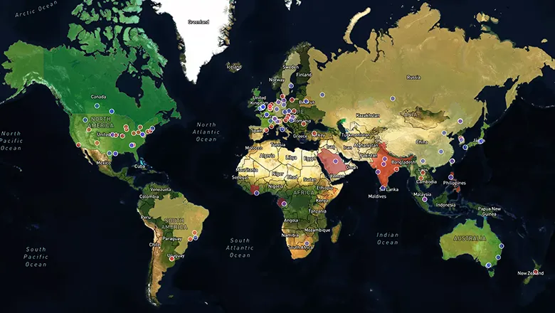 BioLabsmap showing the location of BSL4 and BSL3+ labs around the world