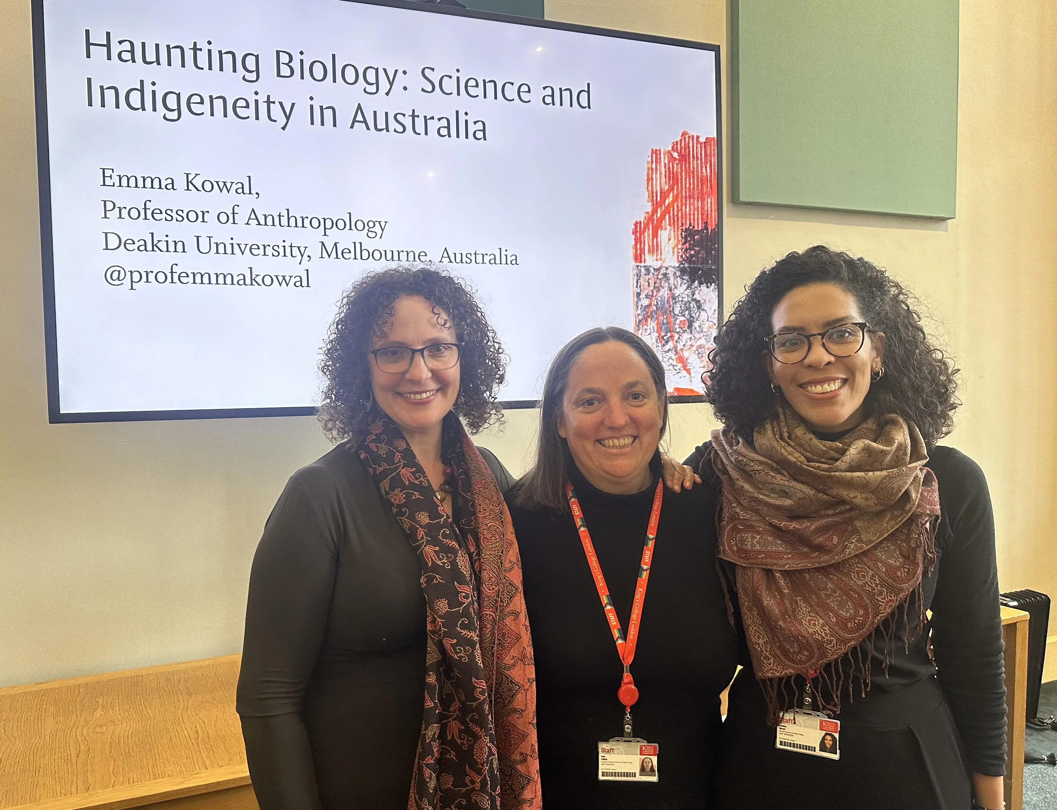 (From L to R) Professor Emma Kowal, Professor Anne Pollock and Dr Tanisha Spratt at a talk on Professor Kowal's book 'Haunting Biology: science and indigeneity in Australia'. 