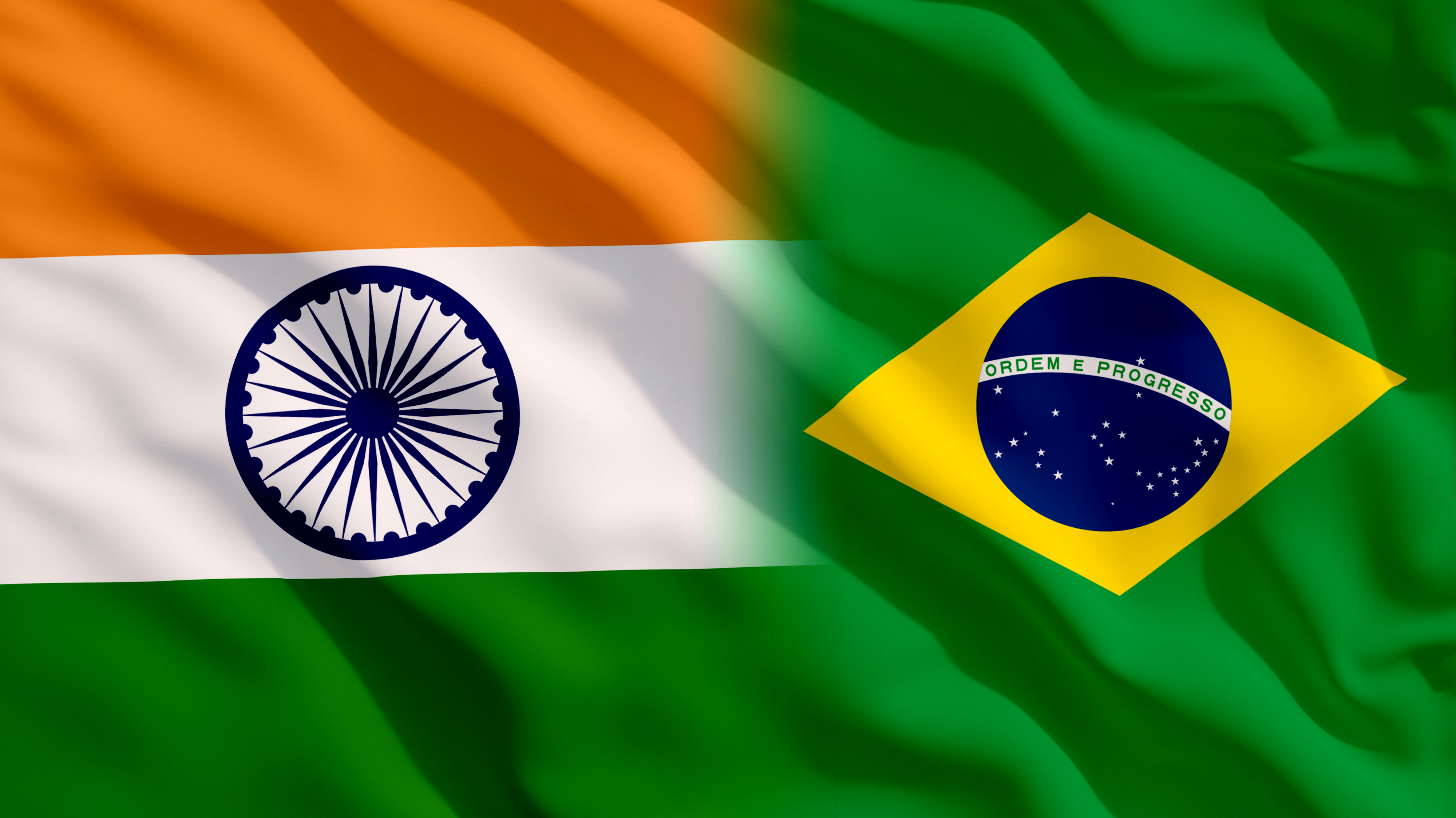 A merged image of waving Brazil and India flags
