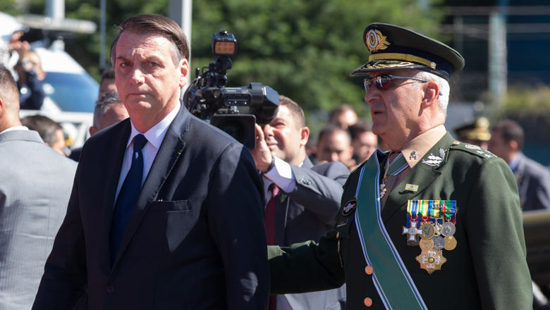 Then President Jair Bolsonaro taking part in the Brazilian Army Day celebration in April 2019 at the headquarters of the Brazilian Army Command in Sao Paulo
