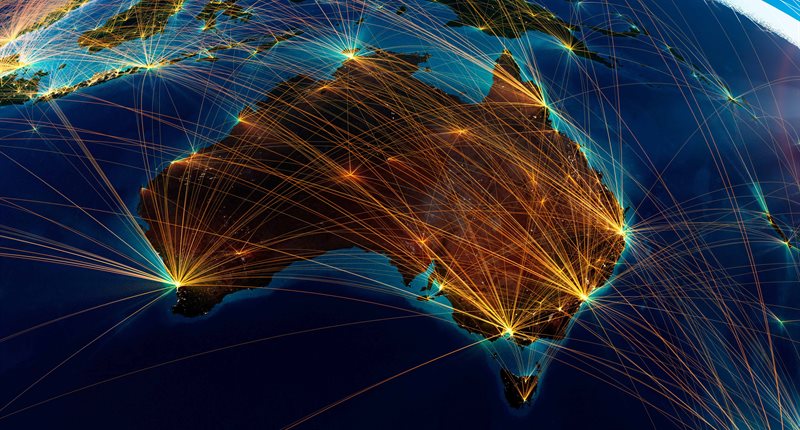 Graphic of Australia on the globe with light paths connecting it to other parts of the globe