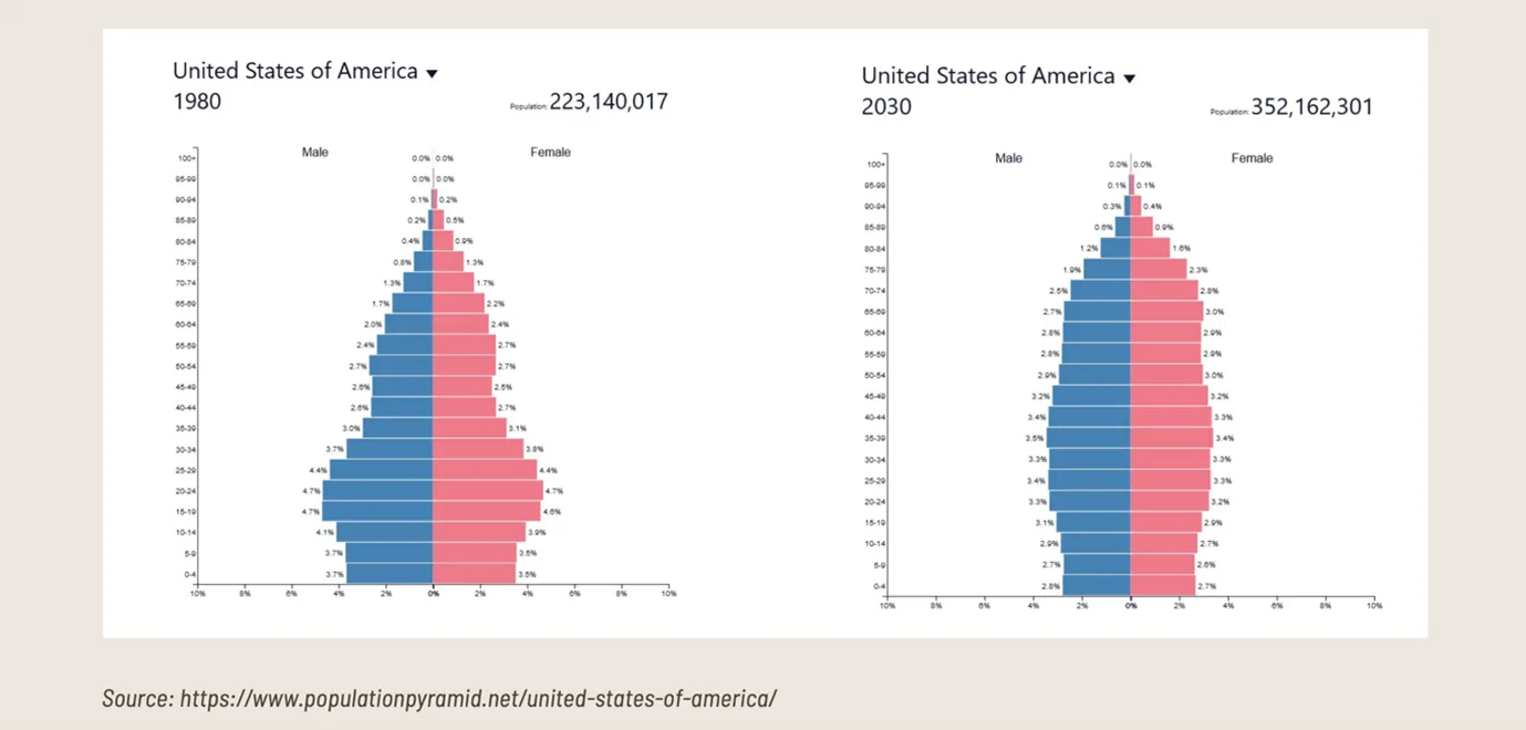 USA Population pyramid 1980 and 2030 chart