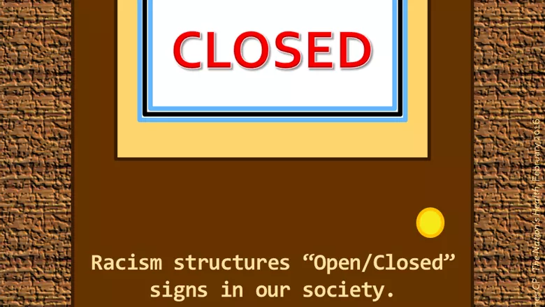 A picture of a door with the word 'Closed' on it and text below that reads "Racism structures Open/Closed signs on our society.