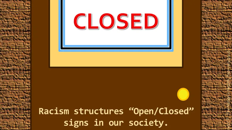 A picture of a door with the word 'Closed' on it and text below that reads "Racism structures Open/Closed signs on our society.