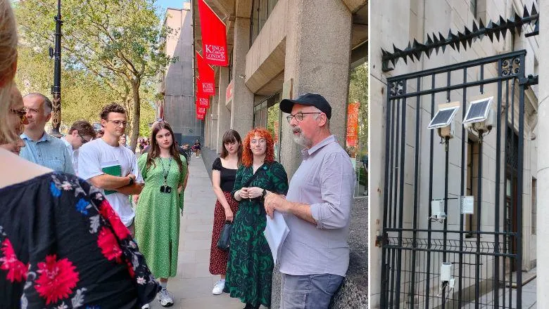 Professor Mark Mulligan explaining the pollution monitoring project at Strand Aldwych to walk participants (left). Pollution monitoring sensors installed in Strand Aldwych (right).