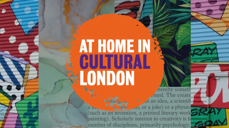 the words at home in cultural london inside an orange circle