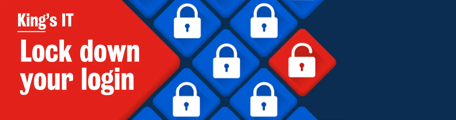 Text on banner reads: King's IT Lockdown your login, the images are lots of padlocks and one unlocked padlock