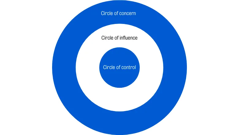 Three concentric circles, the circle of control, the circle of influence and the circle of concern