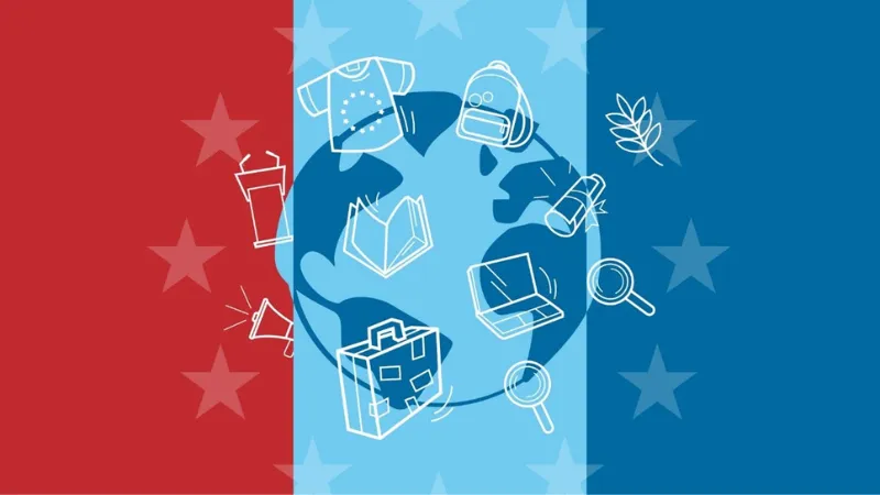 A drawing of the globe and sketches of stars, a suitcase, a backpack, a book, a laptop against a background of three vertical stripes in red, light blue and blue resembling a flag.