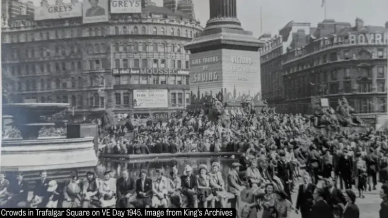 Crowds in Trafalgar Square on VE Day 1945