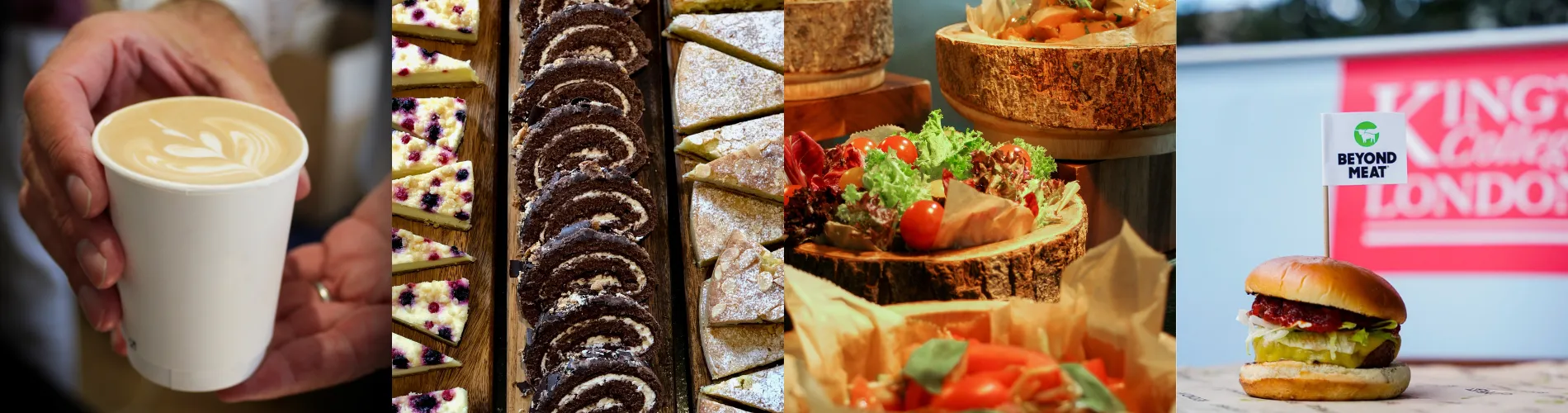 Four images together, from right to left: A coffee in a cup with decorative poured top, a selection of cakes on a board, salads in wooden bowls and a vegan burger with Beyond Meat flag