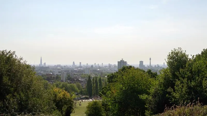 The view from Parliament Hill on Hampstead Heath, looking down on the London skyline below