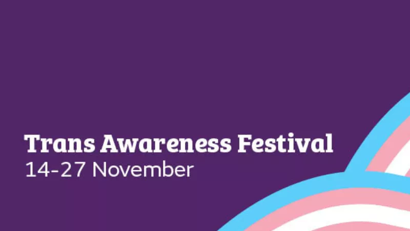 Trans Awareness Festival in white letters on a purple background with two semi-circles in the colours of the trans flag