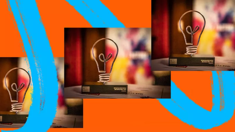 Three images of an Idea Factory award against an orange and blue background