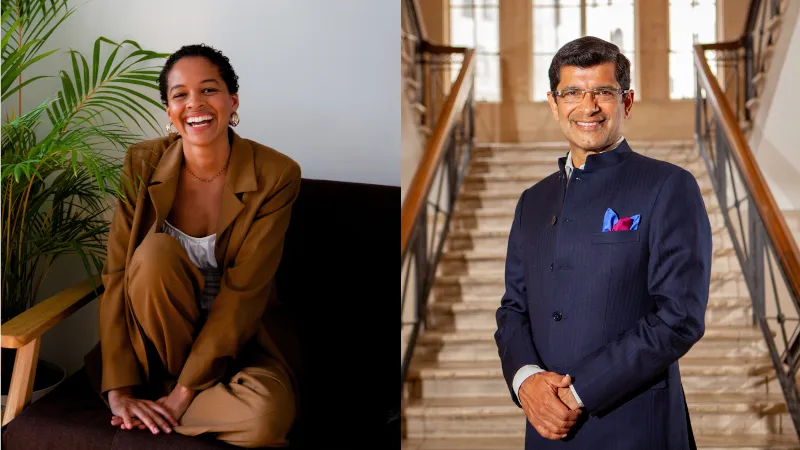 A photo montage featuring Josephine Philips, a woman in a brown suit sat casually in a chair, and Professor Shitij Kapur, a man in a blue suit standing by a grand stone staircase
