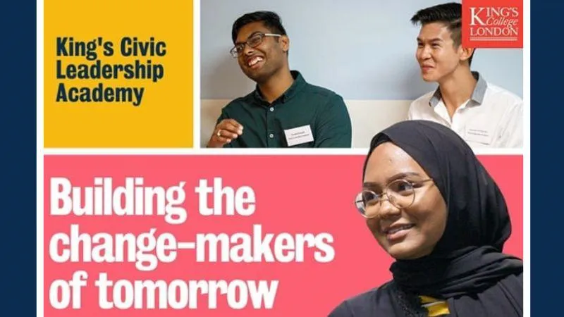 Image of students with the text King's Civic Leadership Academy in the top corner and along the bottom: Building the change-makers of tomorrow