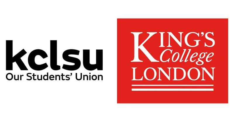 two logos sit next to each other. black text on a white background reads: KCLSU, our students' union. a red rectangle containing white words: King's College London