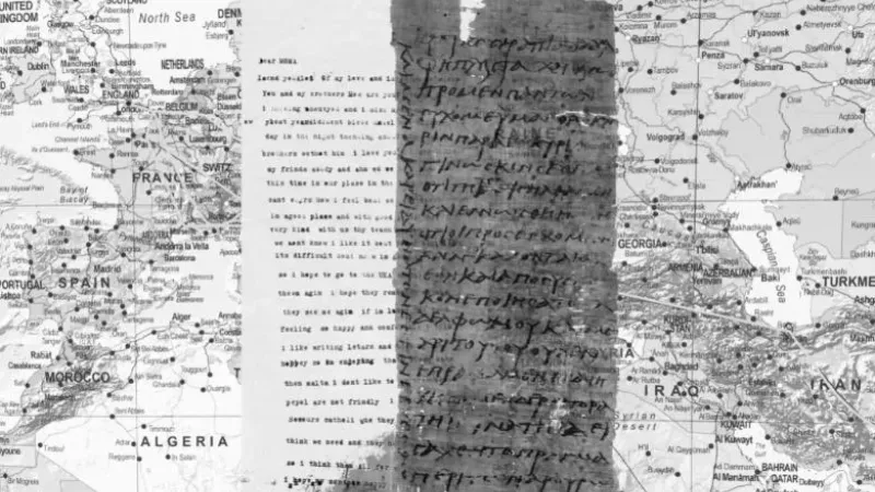 Two old handwritten letters, one in English and the other in Greek, both mostly illegible, in front of an old map of Europe.