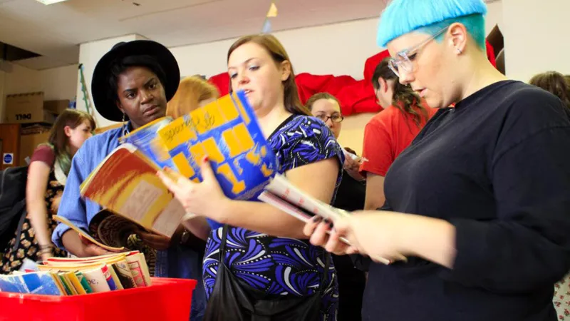 The image shows three people reading books.