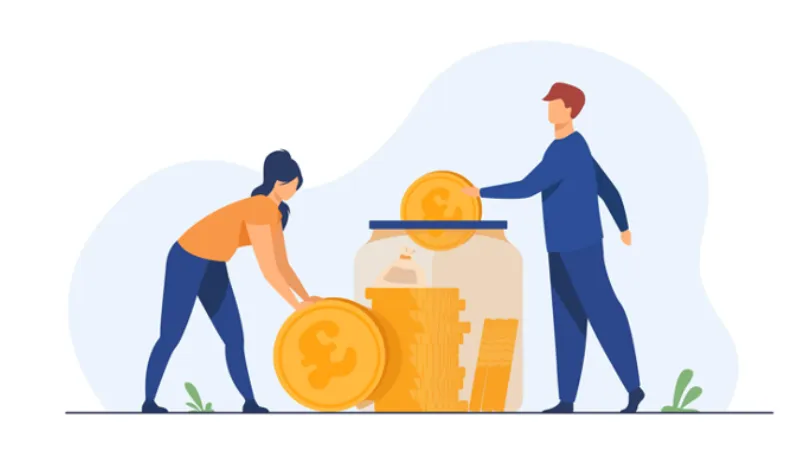 Two cartoon figures put large coins into a jar