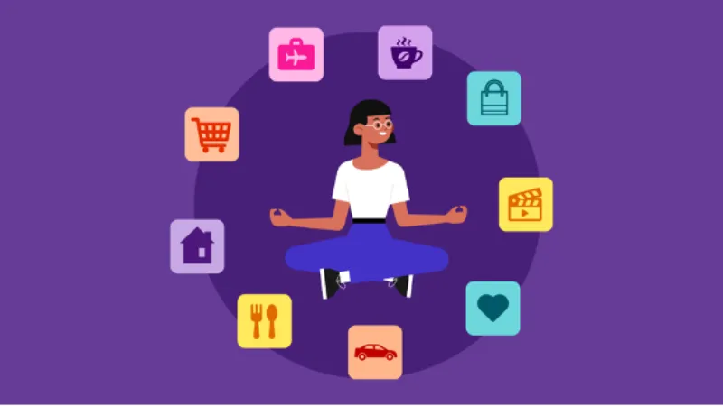 A cartoon image of someone sat in a yoga pose surrounded by tile sized icons with money saving examples