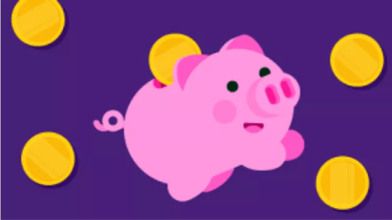 A cartoon piggy-bank on a purple background