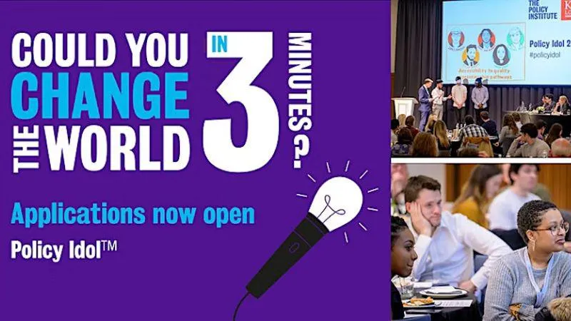 Text on a purple background: Could you change the world in 3 minutes? Applications now open Policy Idol