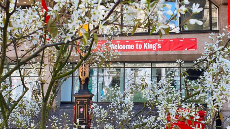 A photo of the entrance to a King's building surrounded by blossom