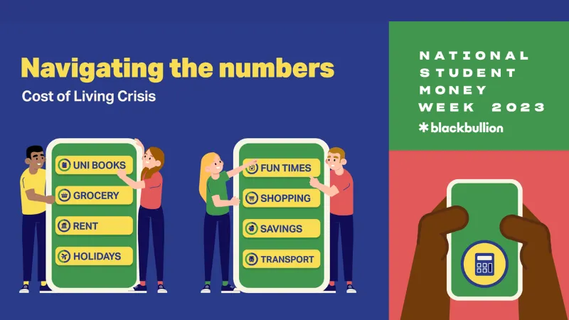 A card in blue, green and pink colour and elements with the text 'National Student Money Week *blackbullion' on the right and 'Navigating the numbers: Cost of Living Crisis' on the left.