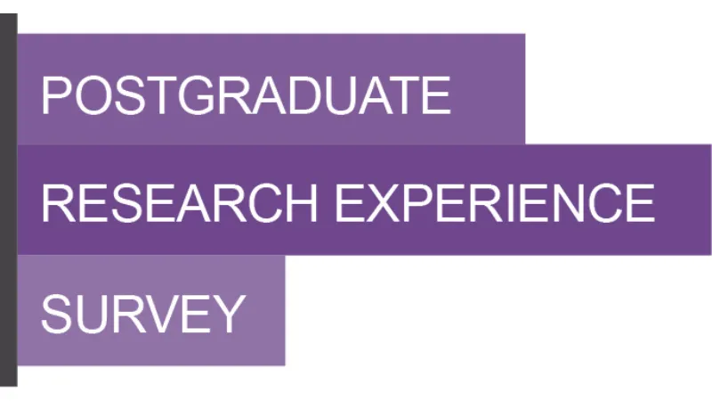 Postgraduate Research Experience Survey in white letters against a purple banner background