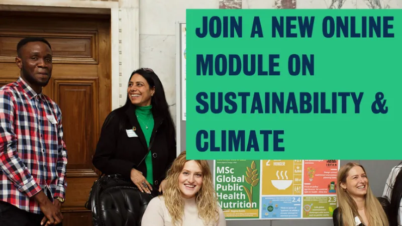 An image of four students in front of a sustainability stall, a text box is on the right side with the words: Join a new online module on Sustainability & Climate