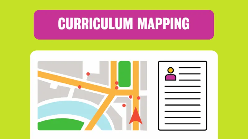 Curriculum mapping in white letters in a pink text box against a green background with a graphic of a map