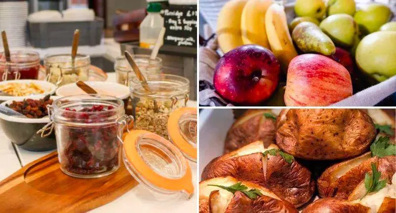 Image Collage: Left side Porridge toppings, right side split into two: Top a fruit bowl, bottom a pile of jacket potatoes