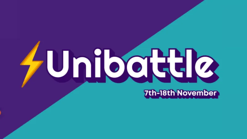 The title Unibattle in white letters on a purple and blue background with the dates 7-18 November