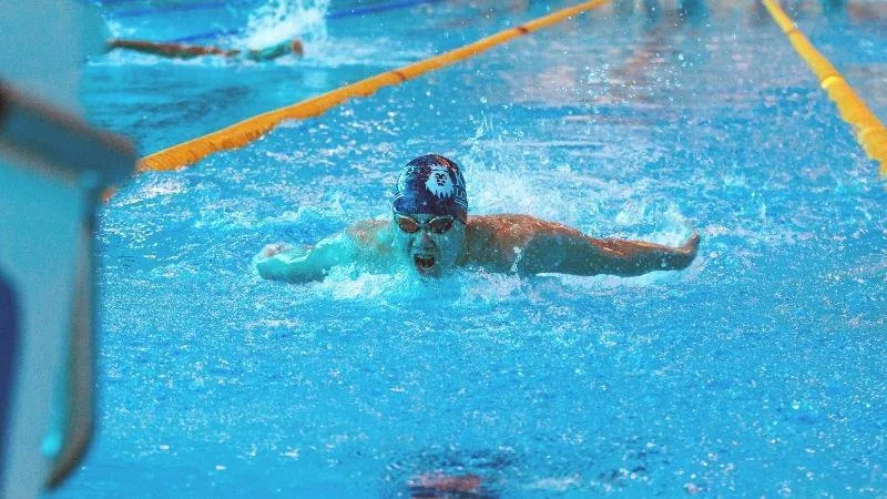 A swimmer mid race in a swimming pool lane