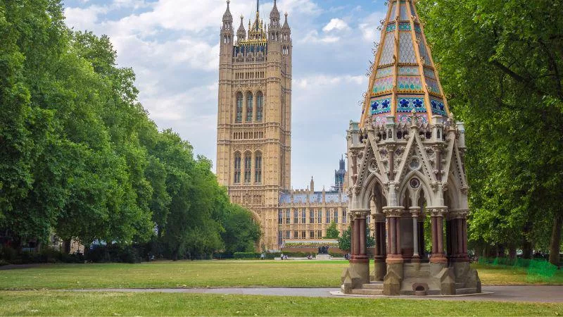 An image from Victoria Tower Garden's with the Palace of Westminster in the background