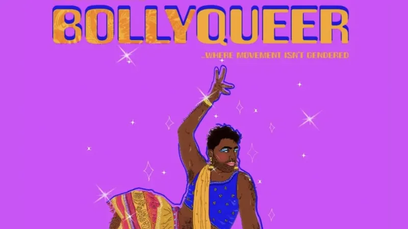 Visual of Vinay dancing with text: Bollyqueer...where movement isn't gendered.